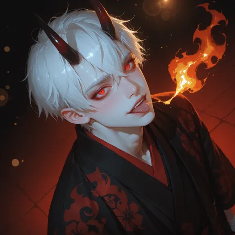 1boy,18,pale_skin,slender face,white hair,blush,long_eyelashes,oni_horns,thick eyebrows,short eyebrows,red eyes,hair_over_one_eye,slanted_eyes,glowing eyes,slit pupils, black and red kimono with flame patterns, fluffy black details,tabi,short hair,kimono,,...