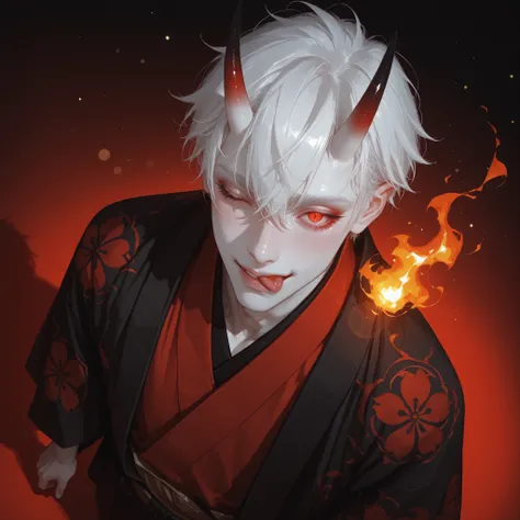 1boy,18,pale_skin,slender face,white hair,blush,long_eyelashes,oni_horns,thick eyebrows,short eyebrows,red eyes,hair_over_one_eye,slanted_eyes,glowing eyes,slit pupils, black and red kimono with flame patterns, fluffy black details,tabi,short hair,kimono,,...