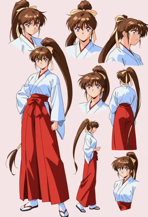 score_9, score_8_up, score_7_up,1990s \(style\),anime coloring,BREAK,1girl, Amatsu_Ai, brown hair, ponytail, very long hair, ribbon, hair ribbon, hair bow, breasts, blue eyes, bangs, purple eyes, high ponytail, full body,BREAK, japanese white clothes, miko...