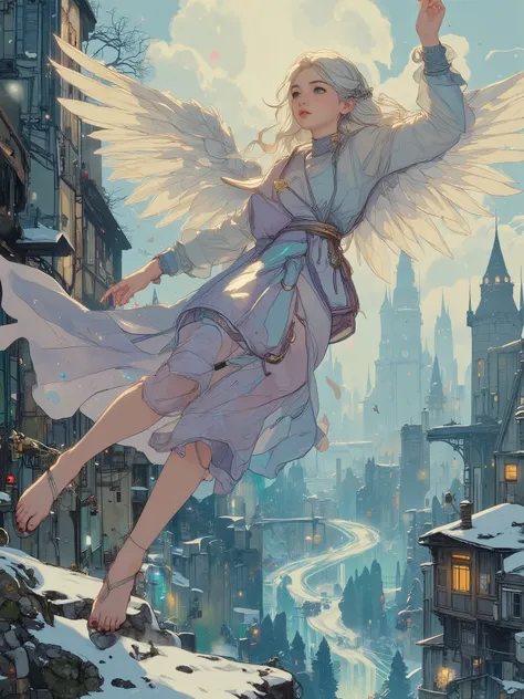 A weightless young angel girl soaring into the sky, floating in the air in a delicate lilac transparent robe, with wide white shining angel wings made of soft long feathers, clothes consist of their thinnest layers of silk, gauze, lace, different in tone a...