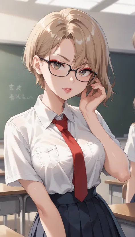 score_9, score_8_up, score_7_up, ((One Japan)), cute girls, ( Japanese woman:1.2), (((uniform), (white shirt), (Navy Blue Pleated Skirt), miniskirt, (red tie from the side), What is on camera, Perfect Female Shape , Perfection face, shiny pink lips, expr...