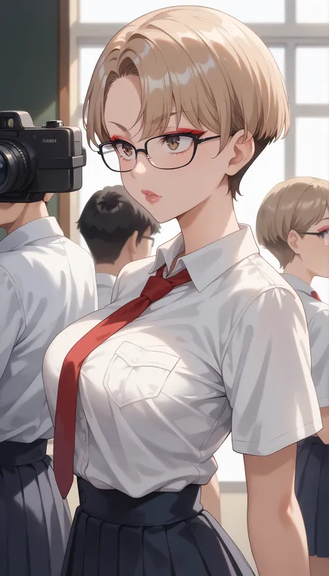 score_9, score_8_up, score_7_up, ((One Japan)), cute girls, ( Japanese woman:1.2), (((uniform), (white shirt), (Navy Blue Pleated Skirt), miniskirt, (red tie from the side), What is on camera, Perfect Female Shape , Perfection face, shiny pink lips, expr...