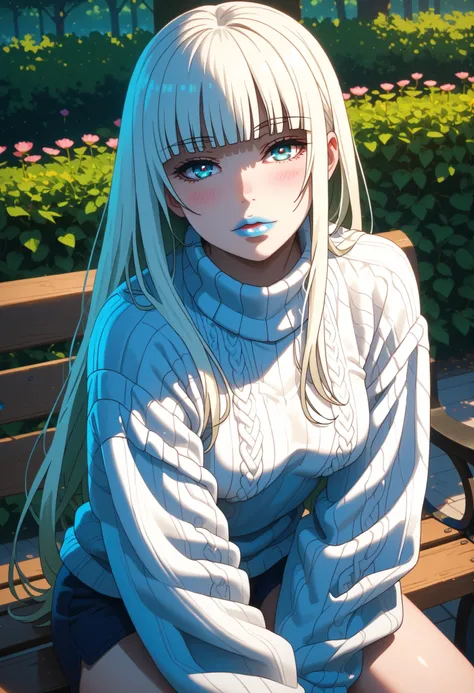  (1girl, solo), kirari momobami (long hair, white hair, hime cut), stunning blue eyes, sexy lips, glossy lips blue lipstick, pale skin, perfect face, (oversized sweater, lycra shorts, sneakers) (slender body medium breasts) sultry look, blush, looking at v...