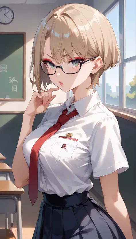 score_9, score_8_up, score_7_up, ((One Japan)), cute girls, ( Japanese woman:1.2), (((uniform), (white shirt), (Navy Blue Pleated Skirt), miniskirt, (red tie from the side), Perfect Female Shape , Perfection face, shiny pink lips, expressive eyes, eyesh...