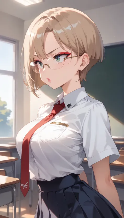 score_9, score_8_up, score_7_up, ((One Japan)), cute girls, ( Japanese woman:1.2), (((uniform), (white shirt), (Navy Blue Pleated Skirt), miniskirt, (red tie from the side), Perfect Female Shape , Perfection face, shiny pink lips, expressive eyes, eyesh...