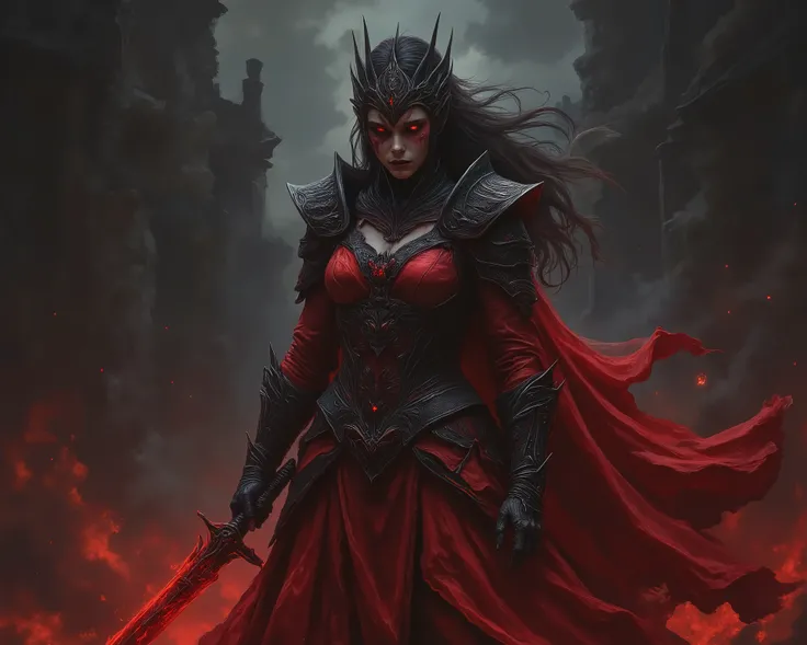 Prompt:
"A blood princess stands in the shadows, her presence both haunting and regal. Her deep red, intricately designed armor is adorned with sharp, contrasting black detailing, emphasizing her ominous power. The blood-red accents on her armor glimmer fa...