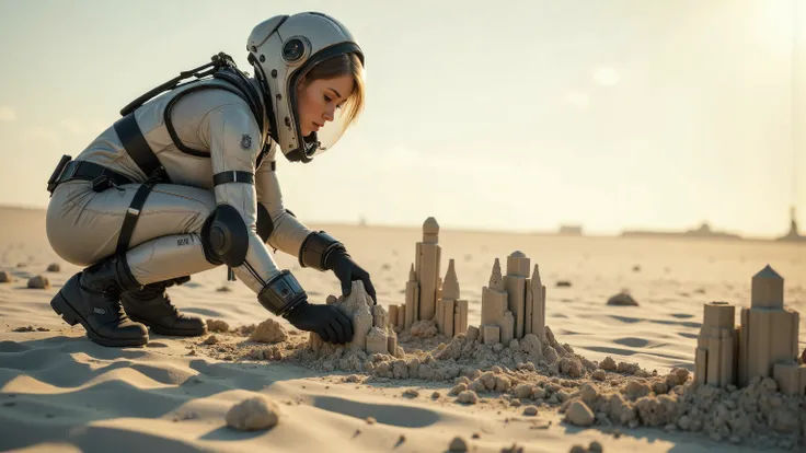 A young woman in a futuristic space suit, kneeling on a sandy planet, building intricate sandcastles with a serene expression. The scene is framed mid-shot, with the vast, barren landscape of the planet in the background. Soft, diffused lighting highlights...