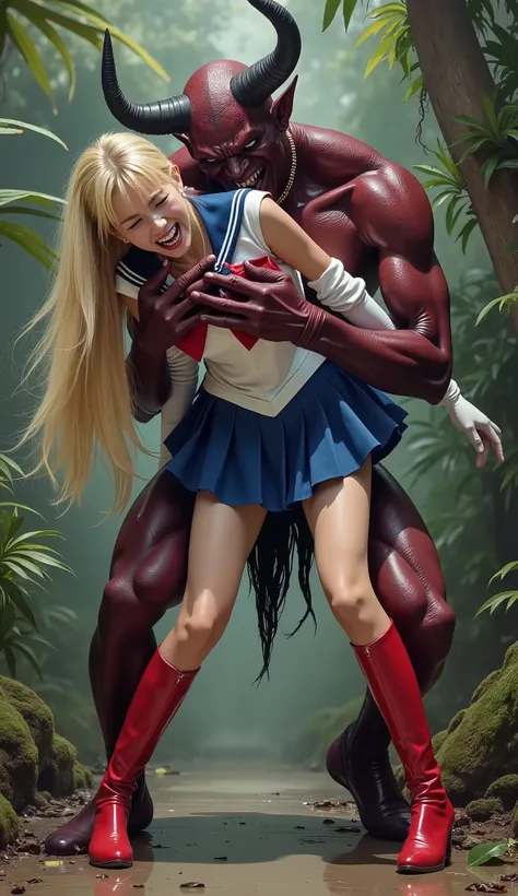 Hyperrealism, masterpiece, highest quality, A young Japanese woman is bending down and hugging from behind by a devil, ((she is crying and screaming in pain)), tears from her eyes, painful face, she is wearing a Sailor Moon costume, Blue sailor collar, Blu...