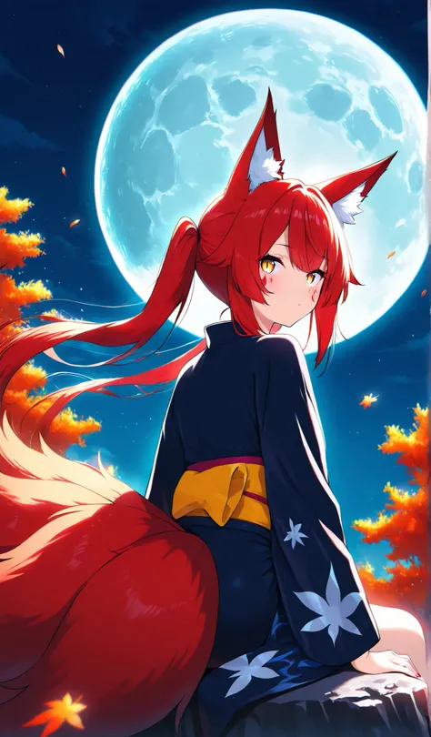 masterpiece,best quality,amazing quality,very aesthetic,absurdres BREAK 1girl,solo,animal ears,fox ears,tail,facial mark,fox tail,japanese clothes,red hair, long hair, long sidelocks, looking at viewer,kimono,Nine tailed fox girl ,nail polish,slit pupils,f...