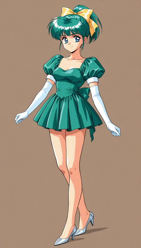 1 girl, solo, green hair, short hair, ponytail, Blue pupil,  blue eyes,yellow bow,  hair bow, bungs,1990s(style)、角井綾style、全身style、medium bust,Bare legs,In a dress,green dress, mini pleated dress,puff sleeve elbow gloves , white gloves,Silver Heel Pumps,sta...