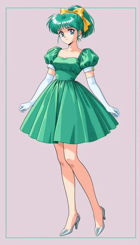 1 girl, solo, green hair, short hair, ponytail, Blue pupil,  blue eyes,yellow bow,  hair bow, bungs,1990s(style)、角井綾style、全身style、medium bust,Bare legs,In a dress,green dress, long flare dress,puff sleeve elbow gloves , white gloves,Silver Heel Pumps,stand...