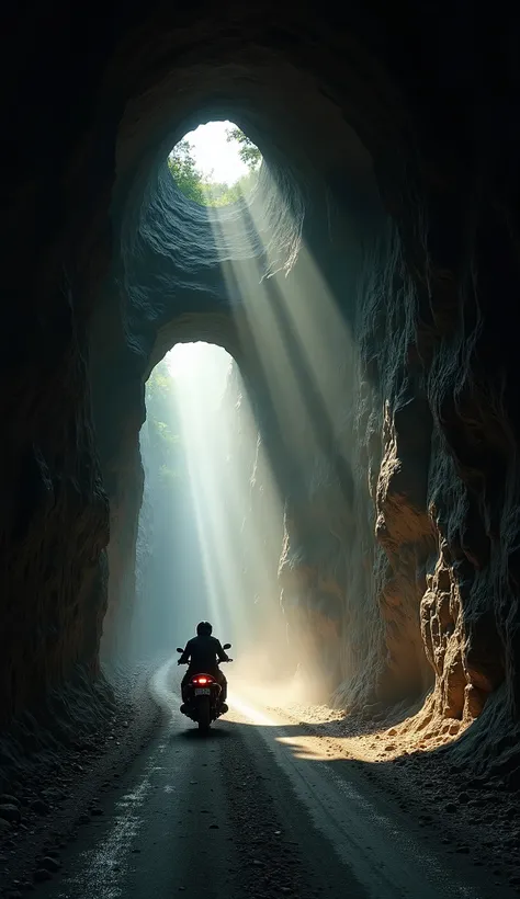 Dark stone tunnel carved by hand into a mountain, seen from behind a motorcyclist riding inside. Sunlight beams shine through arched openings on the side of the tunnel, casting dramatic shadows. The tunnel walls are rugged and uneven. Dust particles in the...
