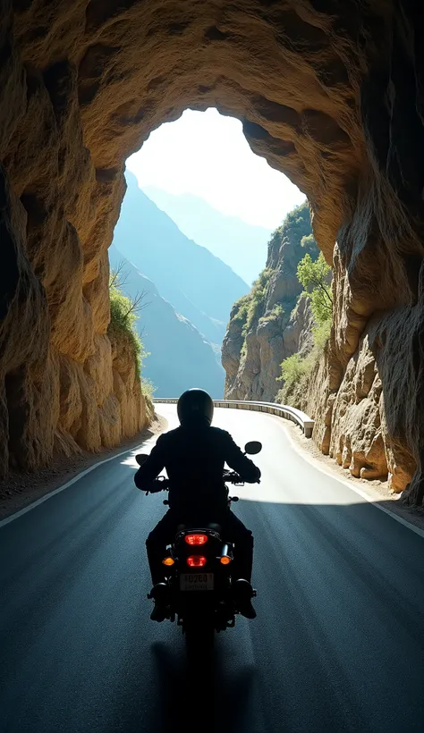 View from behind a motorcyclist exiting a narrow stone tunnel onto a dramatic cliffside road. Bright light at the end of the tunnel contrasts with the darker interior. The road curves outward with a sheer drop to the left and mountains in the distance. Wid...
