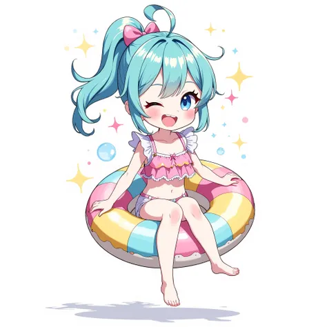 (chibi:1.4),chibi character,chibi style, toe, (cwhite background:1.4),full body,masterpiece, high quality, 4K, HDR,, A girl with frills, アニメ風, シンプルな背景、水着、大きく口を開けた笑顔、ポニーテール、フリル、ヘソ出し、浮き輪を持っている、青髪