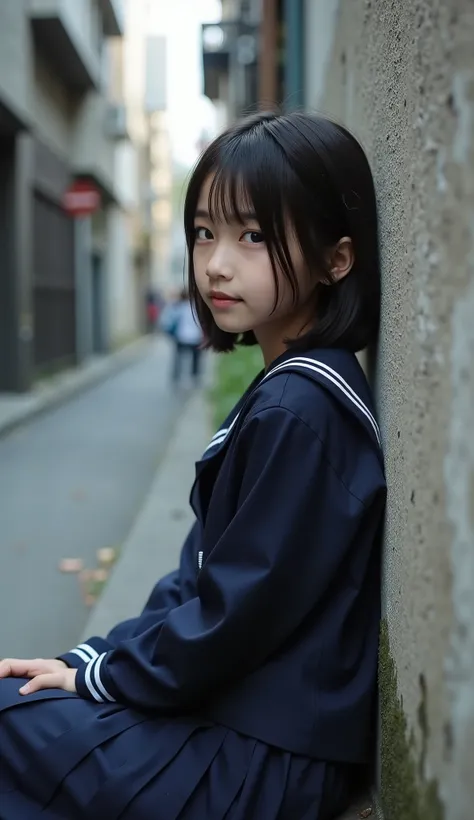 (8k), (best quality), (masterpiece:1.2), (realistic), RAW photo, (photorealistic:1.37), very detailed, Japanese girl, ((young girl)),No makeup, ((Very beautiful hair)) ,expressionless, Slim arms, ((thin body:1.6)), black hair,Navy blue uniform for girls...