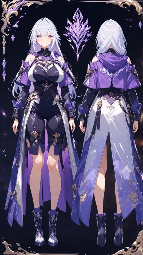 ((masterpiece)), ((best quality)), ((high resolution)), full body, standing, fantasy, fantasy theme, large breast, character sheet, standing,((character front view and back view)),character design,Honkai: Star Rail outfit,long hair,aggressive outfit,sexy o...