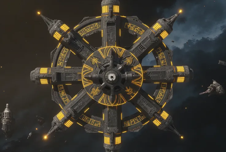 "A hyper-detailed, cinematic portrayal of massive Gothic steampunk star citadel in the grimdark style of Warhammer 40k, captured in ultra-realistic 32k resolution. The battleships have a Hexagram-shaped hull, with an imposing bridge and enormous gun turret...