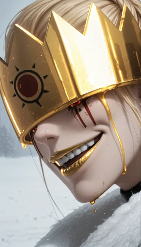 1 girl, masterpiece, better quality, dynamic lighting , dramatic lighting, blond hair, crown over the eyes, wide smile , Teeth, language, 1 girl,looking sideways,shy,Freezes,snow, close,Beauty,Composition,contrast with red eyes and blue hair,facial focus...