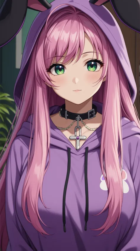 normal moka akashiya, long hair, green eyes, pink hair, ahoge, large breasts,  (yamikawa style rabbit kigurumi hoodie), oversized pastel purple and black rabbit-themed kigurumi, pastel purple pullover hoodie with relaxed silhouette, (fluffy pastel purple f...