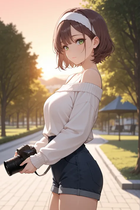score_9, score_8_up, score_7_up, masterpiece, best quality, detailed face, 1 girl, solo, beautiful, modest chest, slender body, mature, light makeup, adorable, sharp eyes, closed mouth,  
short hair, wavy brown hair, side bangs, short tidy bang, vibrant gr...