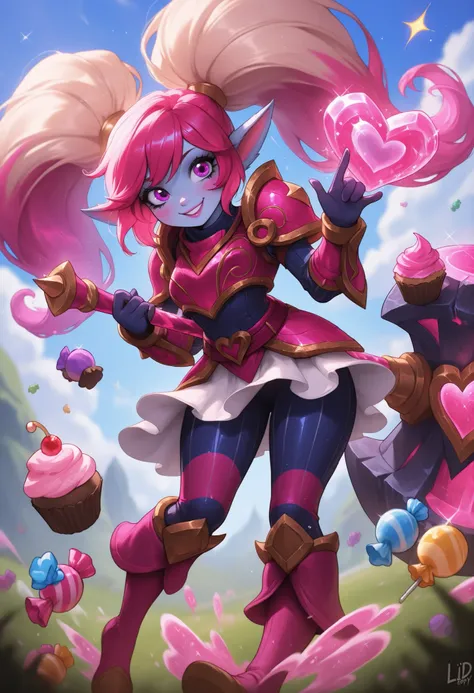 Poppy (League of Legends) ,Lollipoppy, candy-coated pink armor, (giant heart-shaped hammer:1.2), licorice-striped leggings, gumdrop rivets, playful mid-swing animation, (sparkling sugar dust:1.1), cupcake battlefield with frosting terrain