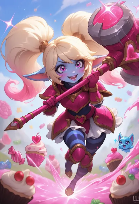 Poppy (League of Legends) ,Lollipoppy, candy-coated pink armor, (giant heart-shaped hammer:1.2), licorice-striped leggings, gumdrop rivets, playful mid-swing animation, (sparkling sugar dust:1.1), cupcake battlefield with frosting terrain