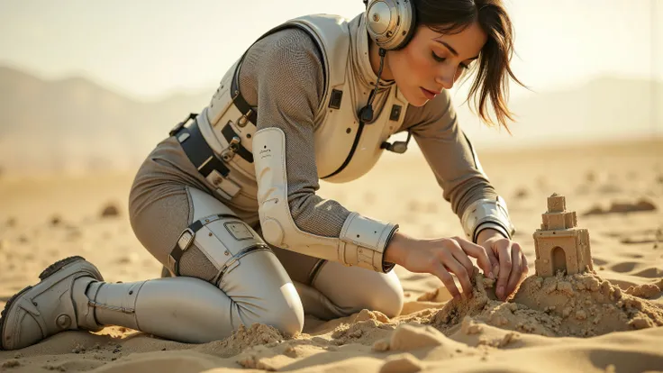 A young woman in a futuristic space suit, kneeling on a sandy planet, building intricate sandcastles with a serene expression. The scene is framed mid-shot, with the vast, barren landscape of the planet in the background. Soft, diffused lighting highlights...