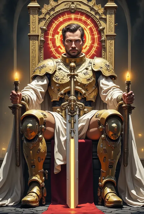 Wide view, portrait, futuristic, Sci-fi cinematic scene. Dramatic lighting Gothic-mechanical style Royal chamber background. The throne Chamber lighting with lamb and candles, Throne in center. on the throne, The Emperor sitting on Throne clad in resplende...