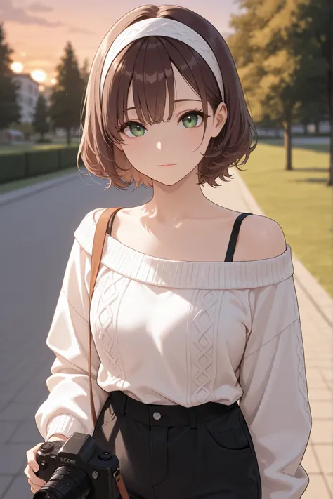 score_9, score_8_up, score_7_up, masterpiece, best quality, detailed face, 1 girl, solo, beautiful, modest chest, slender body, mature, light makeup, adorable, sharp eyes, closed mouth,  
short hair, wavy brown hair, side bangs, short tidy bang, vibrant gr...