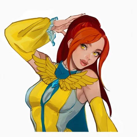 long red hair,  styled back , in a bright yellow-blue outfit with wings on the shoulders. The outfit is characterized by long sleeves, ending in blue ruffles, and a central blue insert with gemstone decoration. The pose is dynamic and confident, with a han...