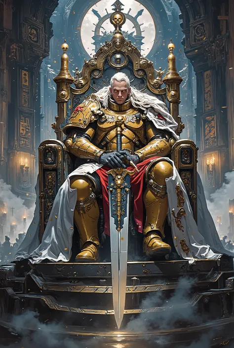 Wide view, portrait, futuristic, Sci-fi cinematic scene. Dramatic lighting Gothic-mechanical style Royal chamber background. The throne Chamber lighting with lamb and candles, Throne in center. on the throne, The Emperor sitting on Throne clad in resplende...