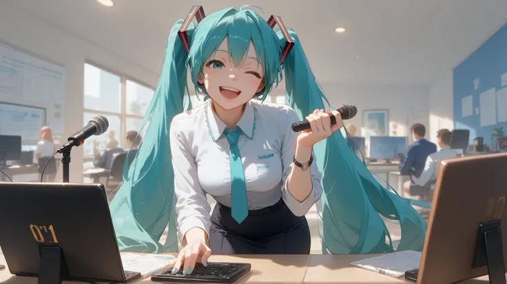 Hatsune Miku is cosplaying as an office lady, black ribbon to bind hair、Blue-green long hair、facing the front、smile、singing a song、