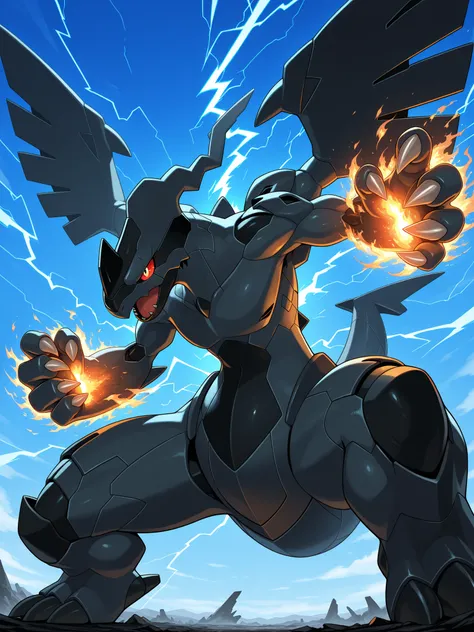 masterpiece, best quality, zekrom , without humans, alone, basic, fire, nervous, attacker, sky, blue sky, claws, addictive , dynamic pose,(thunder fist )