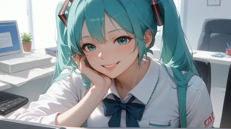 Hatsune Miku is wearing an office lady uniform, black ribbon to bind hair、Blue-green long hair、facing the front、smile、and my mouth is open、Only white background、