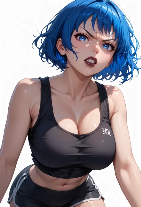 source_anime ,((White background)) White skin ((japan woman)) ((1girl)) , (solo girl) ,30 years old, rathing_questionable , Sharp long face (beautiful face:1.2), detailed eyes, (blue eyes), (Short straight blue hair:1.3) (Black tank top crop top :1.4) , ...