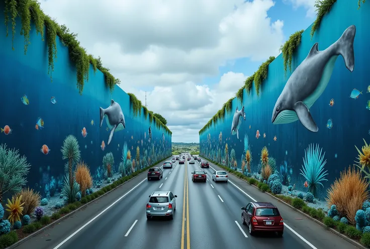 A stretch of high way with high walls near the road, they are ornately decorated with sea life. Whales, corals, brightly colored fishes, shutting out the urban world and making a surreal deep ocean scene as cars drive busily along