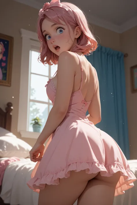 Innocent young sister, cute pink night dress, mid breast's, cute ass, standing inside, looking shocked