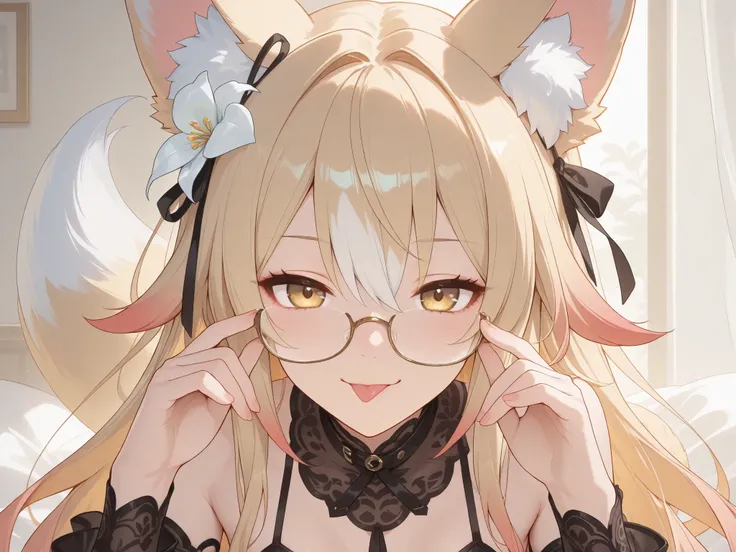 Fox girl, pale-blonde, Renard, Fox tail, collar, Beautiful, Long Hair, (Rosy gradient on hair), Golden Eyes with purple shade, small breasts, garter, black lace dress, cheeky, hair ribbon, white lily on hair, alluring, teasing, sexy, close-up on face, hold...