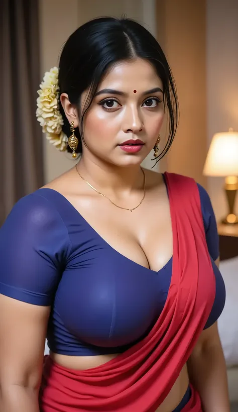 Pov camera view, Indian milf on her knees, looking at camera, with lust in her eyes, black hair tied around, flowers in head,sandal mark on forehead, sindhur on forehead (vermilion mark on forehead in the middle of hair partition,((((red saree COVER HER BO...