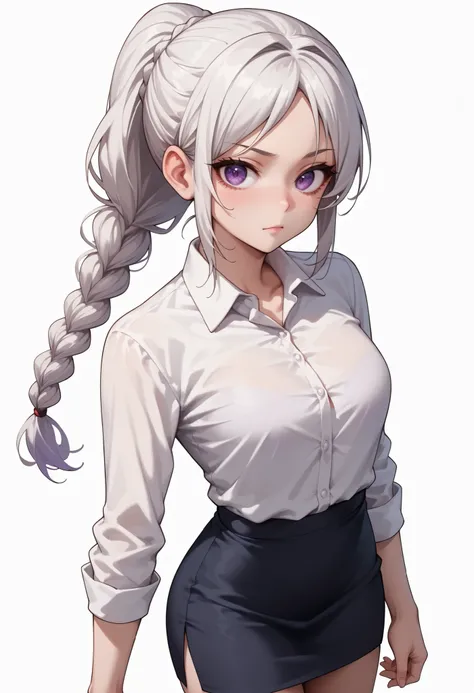 source_anime ,score_9, score_8_ up, score_7, ((White background)) White skin ((Russian woman)) ((1girl)) (narrow-eyed) Fierce face ,slender face, , (solo girl) ,30 years old, rathing_questionable , (purple eyes), (White ponytail braid:1.2), (White collared...