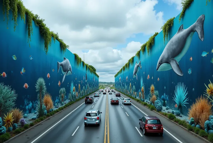 A stretch of high way with high walls near the road, they are ornately decorated with sea life. Whales, corals, brightly colored fishes, shutting out the urban world and making a surreal deep ocean scene as cars drive busily along