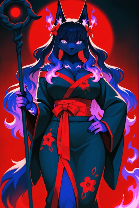 fiery confident expression, long wavy hair with bangs, styled with a hair accessory, wearing a kimono-style outfit in pink and red, floral patterns on clothing, holding a long staff adorned with ribbons, standing pose with one hand on hip, large breasts an...