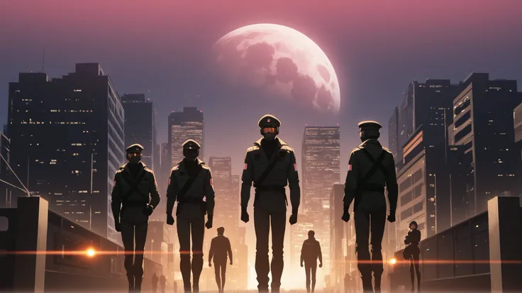 armed man in city futuristic moon risen retrowave 90s