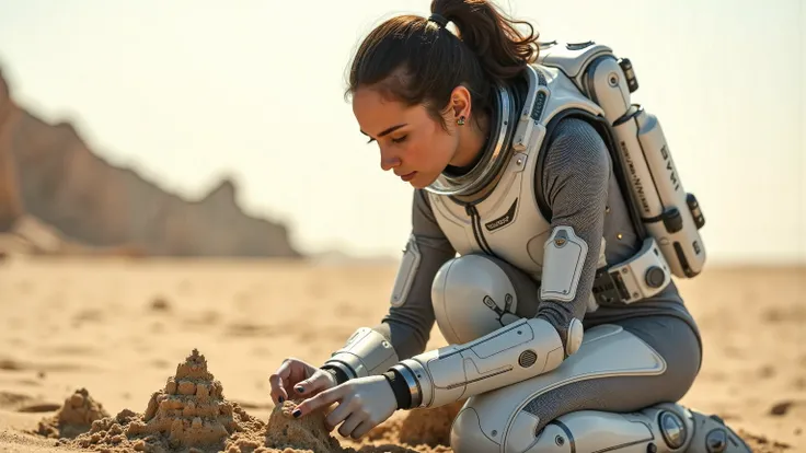 A young woman in a futuristic space suit, kneeling on a sandy planet, building intricate sandcastles with a serene expression. The scene is framed mid-shot, with the vast, barren landscape of the planet in the background. Soft, diffused lighting highlights...