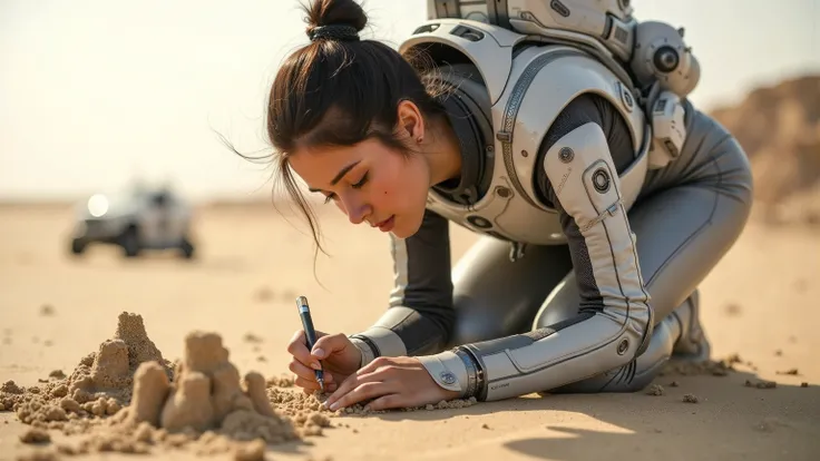 A young woman in a futuristic space suit, kneeling on a sandy planet, building intricate sandcastles with a serene expression. The scene is framed mid-shot, with the vast, barren landscape of the planet in the background. Soft, diffused lighting highlights...
