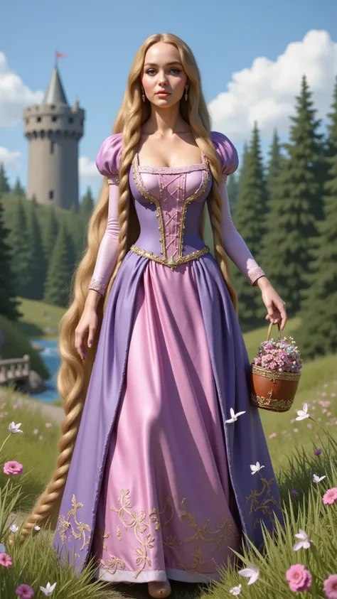 Lily-Rose Depp reimagined as Rapunzel walking, dramatic atmosphere, 1 female, full figure, full body, 

Exceptionally long golden-blonde hair flows down her back in soft waves, reaching past her feet. A few small braids are woven throughout, decorated with...