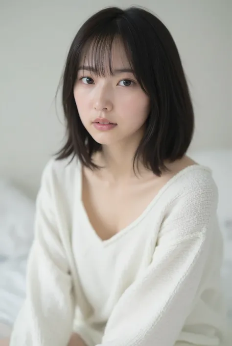 Create an image of an exceptionally beautiful Japanese girl with fair skin. She is on the bed in her white room, wearing comfortable loungewear. Her straight, semi-short hair frames her face softly. The ambiance is enhanced by cinematic lighting, creating ...