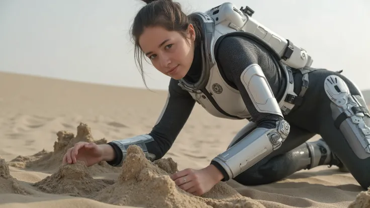 A young woman in a futuristic space suit, kneeling on a sandy planet, building intricate sandcastles with a serene expression. The scene is framed mid-shot, with the vast, barren landscape of the planet in the background. Soft, diffused lighting highlights...