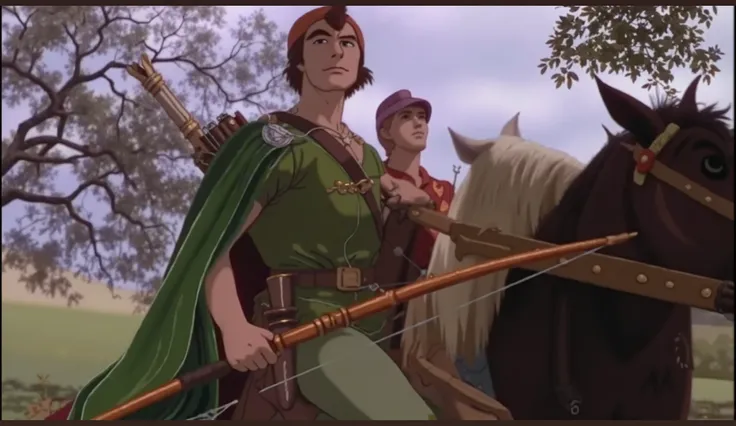 Ghibli, Robin hood wearing a green outfit with a feather hat is hiding in the trees watching a carriage pass by on a dirt road, holding a bow and arrow