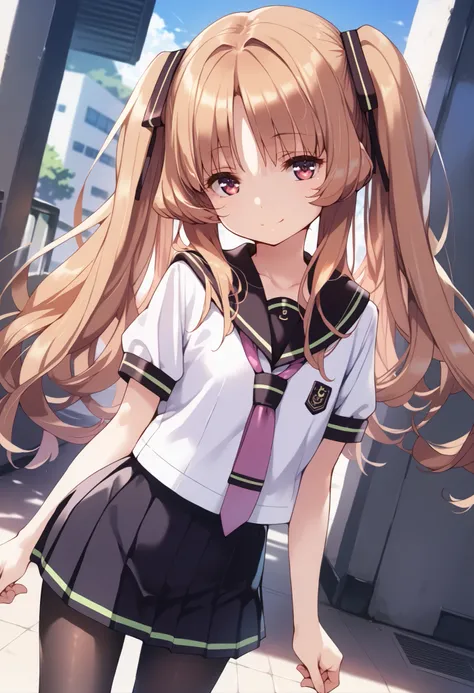 score_9, score_8_up, score_7_up, source_anime,dutch angle, (highly detailed:1.3),1girl,solo,ht_remon,flat chest,long hair,twintails, hair ribbon,(school uniform,sailor collar,necktie,short sleeve,mini skirt,pantyhose),smile,